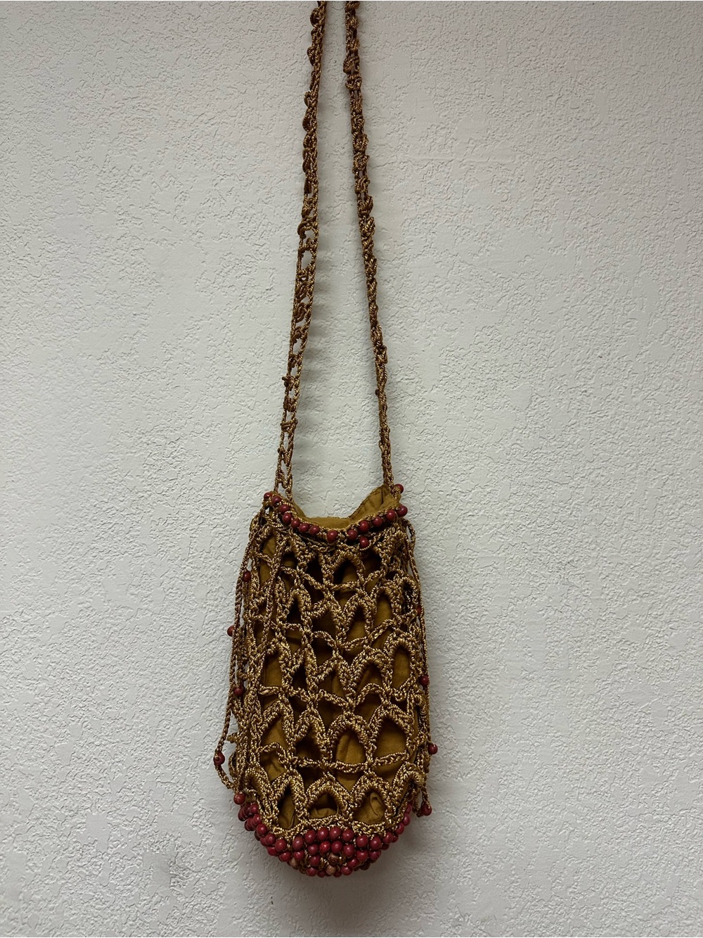 Free People Brown Crochet Crossbody Bag with Red Bead Trim